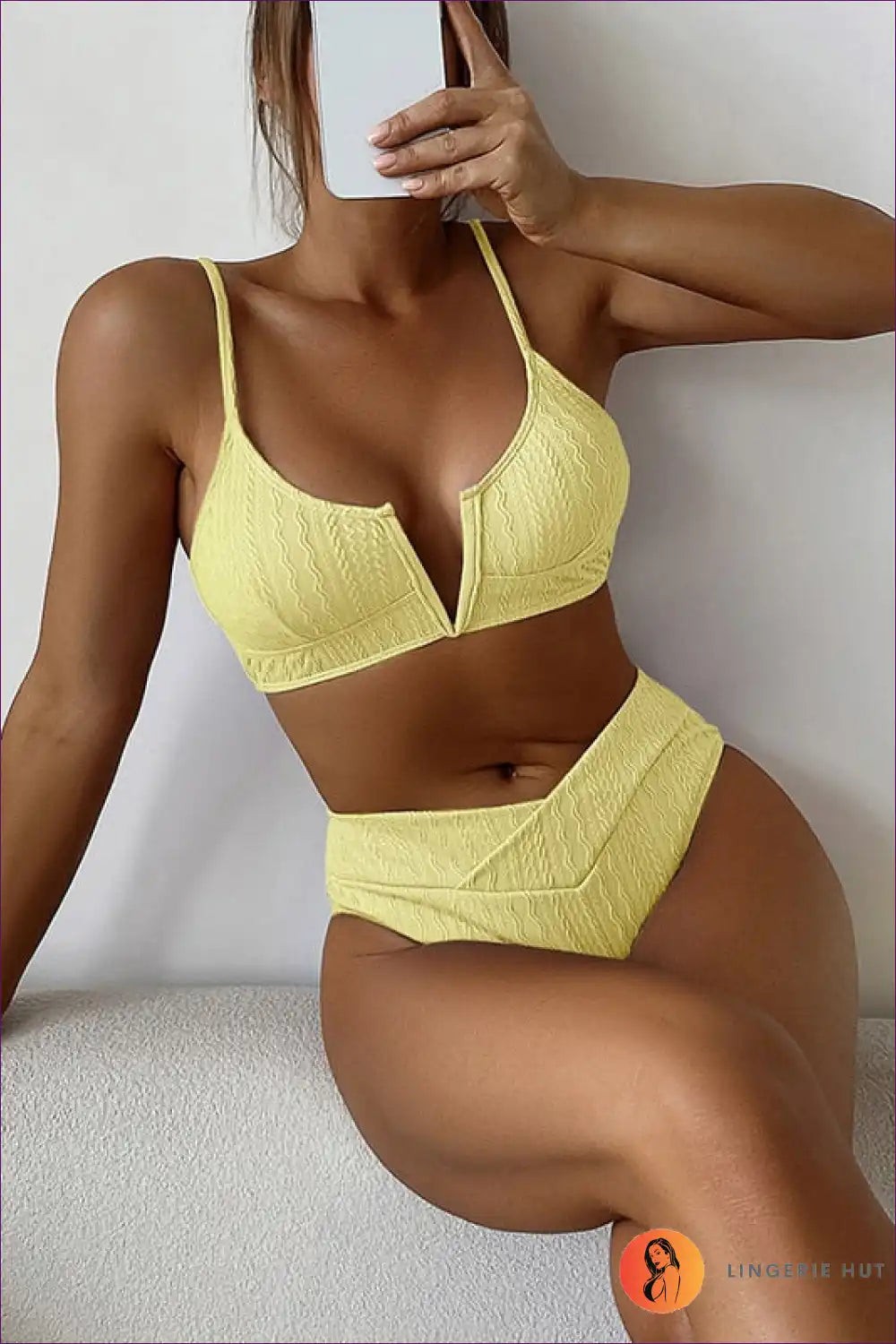 Be a Beach Goddess With Our Alluring High-waist Bikini. Featuring Sexy Deep V-neck And Ribbed Texture. Limited