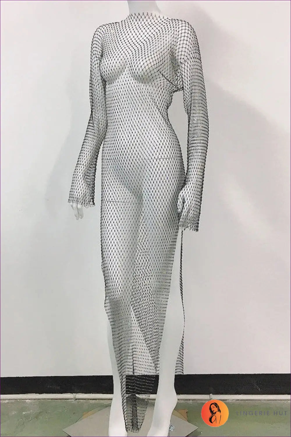 Step Into The Spotlight With Our Slim-fit Rhinestone Fishnet Maxi Dress, Perfect For Exuding Confidence