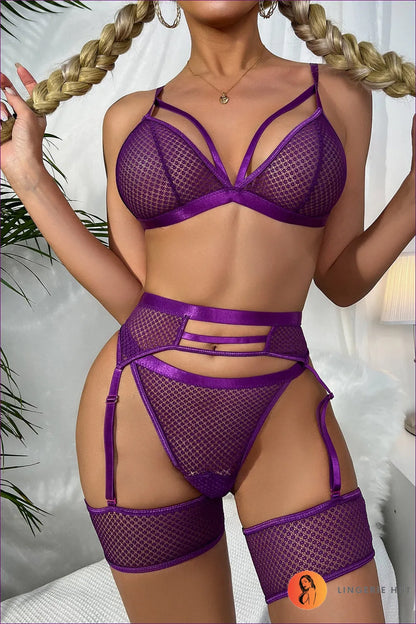 Shine And Stand Out In This Captivating Sheer Harness Bra Set! The Enticing Strappy Detail Adds a Bold Edge,