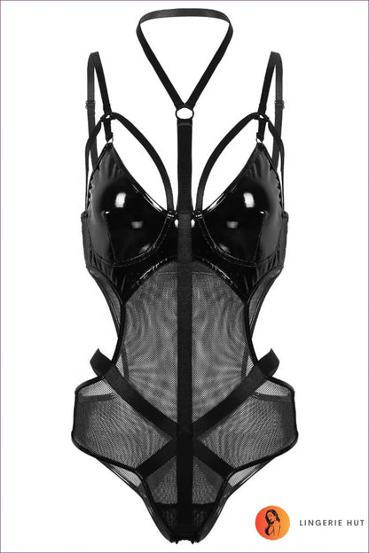 Look Sharp And Feel Confident In This Alluring Wet Look Mesh Bodysuit With Harness Detail. Featuring