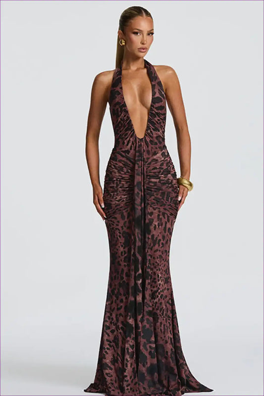 Animal Print Halter Plunge Maxi Dress for Animal, Bodycon, Clubwear, Date Night, Formal Wear