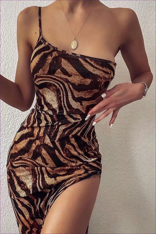 Turn Heads With Our Sleek Animal Print One Shoulder Side Slit Bodycon Maxi Dress. Crafted From Non-stretchy