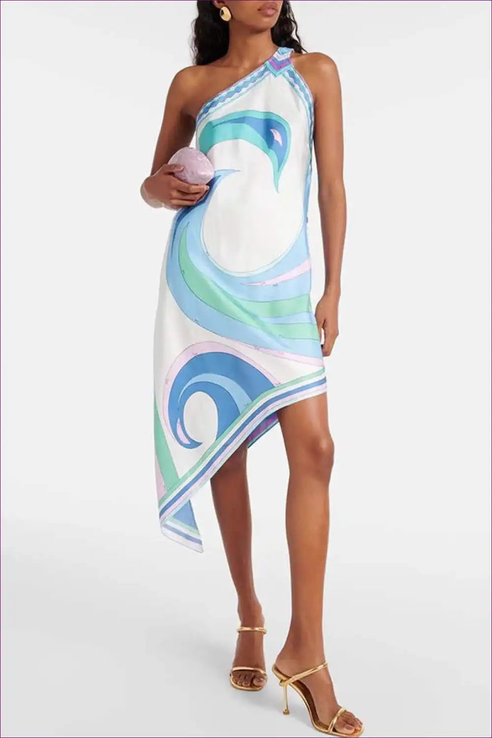 Asymmetric Dress with Swirl Print - Artistic Movement for Casual, Cutout, Dress, Everyday, Glamour