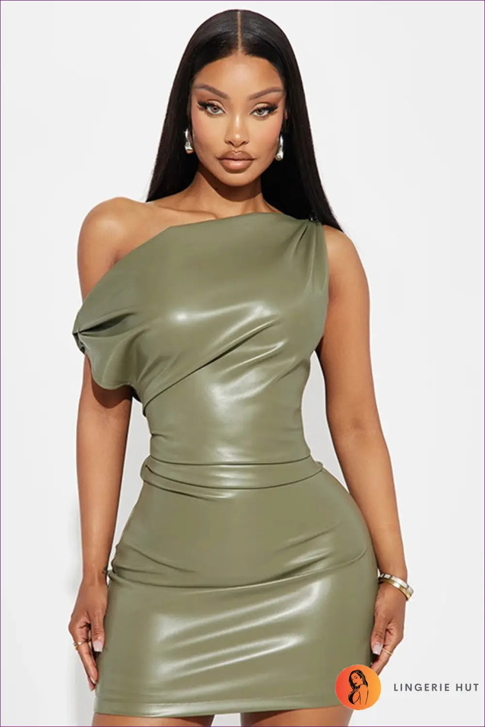 Asymmetric Faux Leather Mini Dress - Own the Night Energy - s / Green - Dresses - Asymmetric • Bodycon • Clubwear