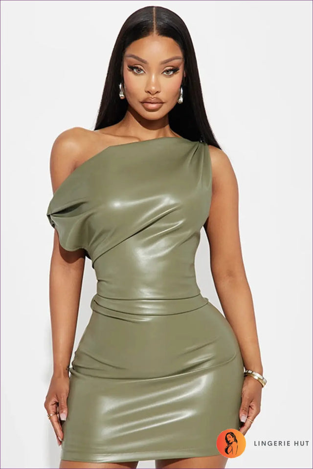 Asymmetric Faux Leather Mini Dress - Own The Night Energy