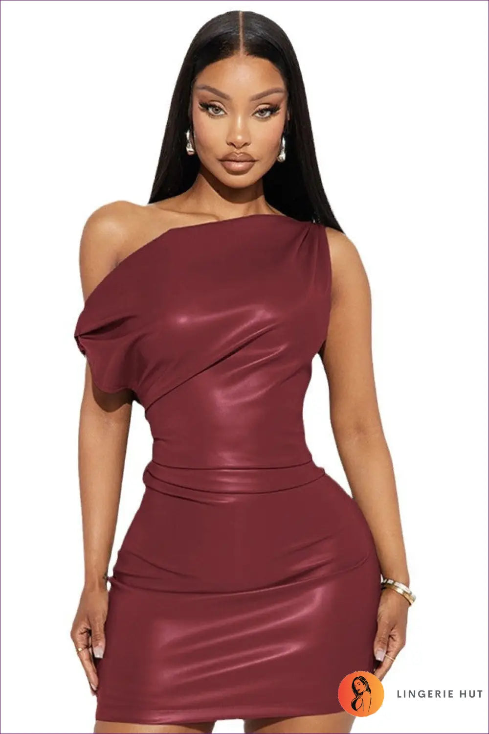 Asymmetric Faux Leather Mini Dress - Own the Night Energy - s / Burgundy - Dresses - Asymmetric • Bodycon • Clubwear