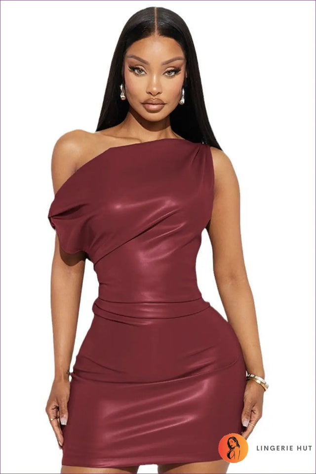 Asymmetric Faux Leather Mini Dress - Own The Night Energy