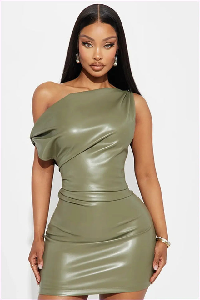 Asymmetric Faux Leather Mini Dress - Own The Night Energy