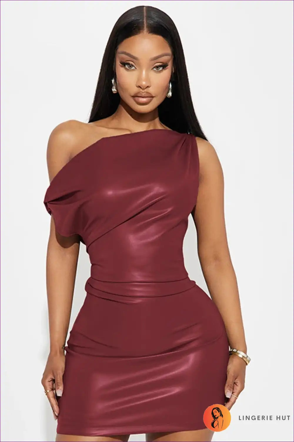 Asymmetric Faux Leather One-shoulder Mini Dress - After-hours Edge for Bodycon, Clubwear, Evening Wear,