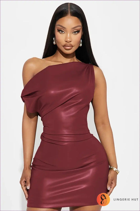 Asymmetric Faux Leather One-shoulder Mini Dress - After-hours Edge for Bodycon, Clubwear, Evening Wear,