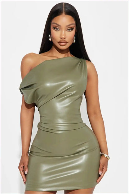Asymmetric Faux Leather One-shoulder Mini Dress - After-hours Edge for Bodycon, Clubwear, Evening Wear,