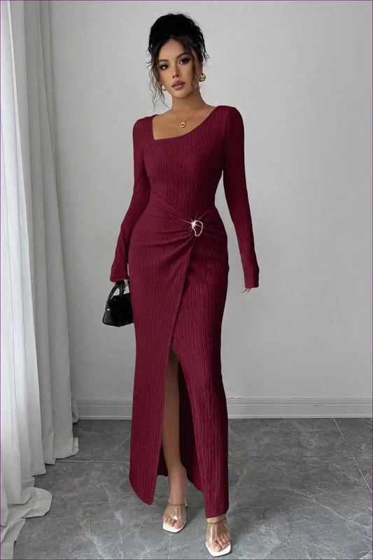 Asymmetric Knitted Maxi Dress with Ring Detail - Elegant Everyday for Autumn, Casual, Everyday, Maxi,
