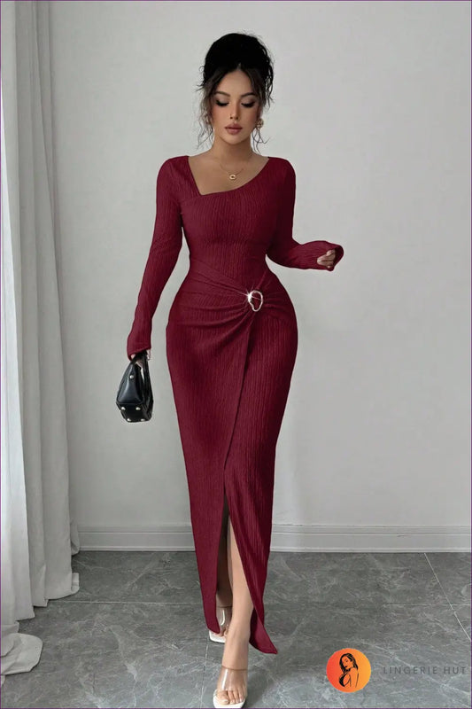 Asymmetric Knitted Maxi Dress - Understated Glamour - s / Burgundy - Dresses - Lingerie Hut - Autumn • Bodycon • Casual