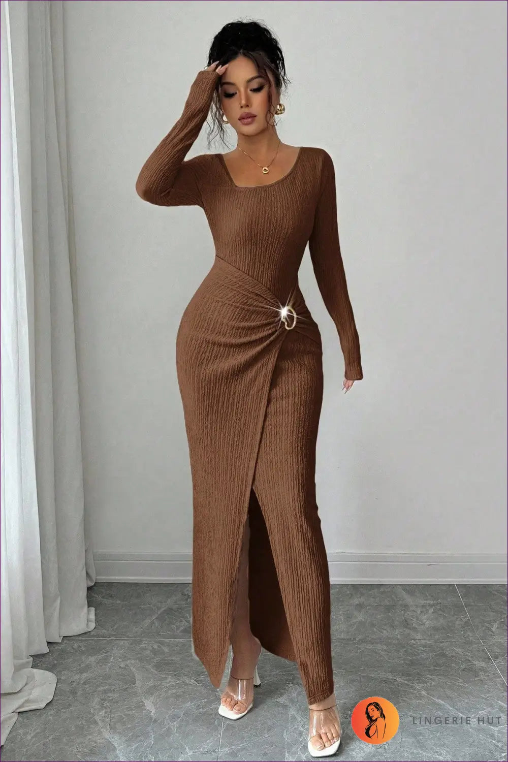 Asymmetric Knitted Maxi Dress - Understated Glamour - s / Coffee - Dresses - Lingerie Hut - Autumn • Bodycon • Casual