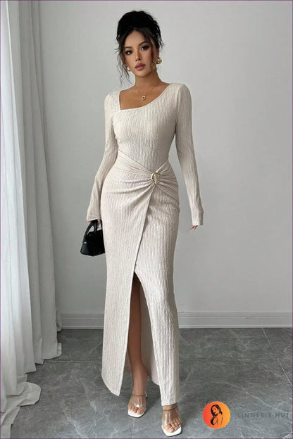 Asymmetric Knitted Maxi Dress - Understated Glamour - s / Apricot - Dresses - Lingerie Hut - Autumn • Bodycon • Casual