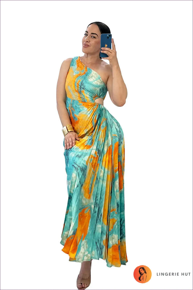 Asymmetric Maxi Dress with Pleats - Modern Resort Elegance