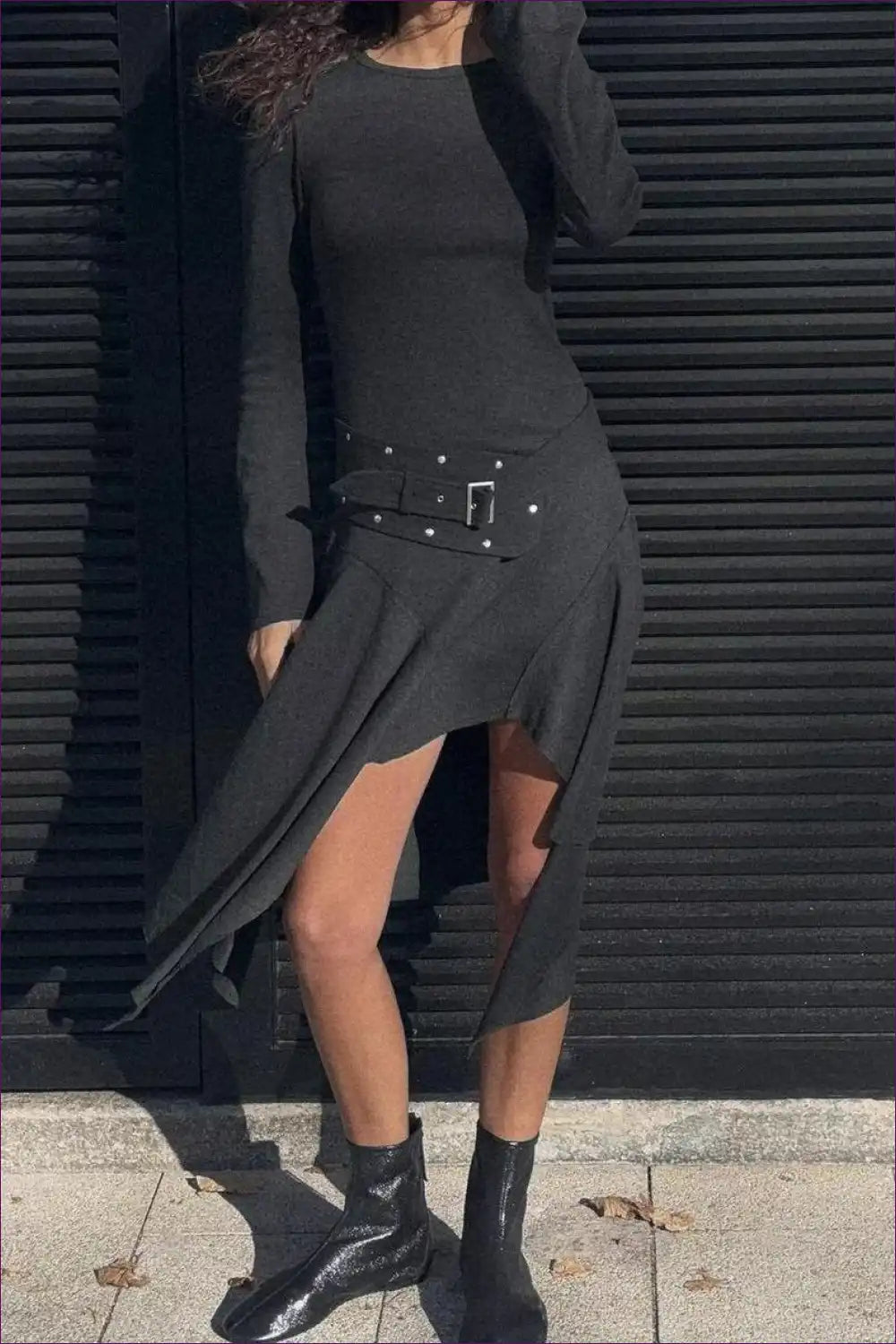 Asymmetric Midi Dress with Belt Detail - Urban Edge Statement for a Line, Autumn, Cutout, Dress, Dresses