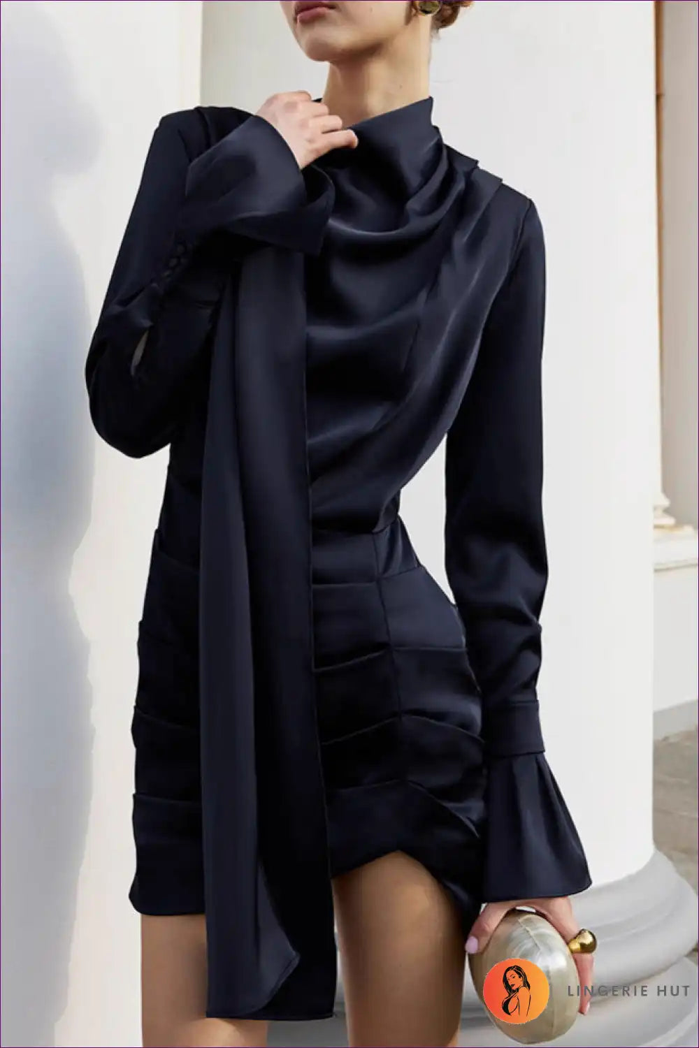 Asymmetric Mock-neck Satin Bodycon Dress - Navy Elegant for Autumn, Bodycon, Dress, Evening Wear,