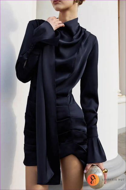 Asymmetric Mock-neck Satin Bodycon Dress - Navy Elegant for Autumn, Bodycon, Dress, Evening Wear,