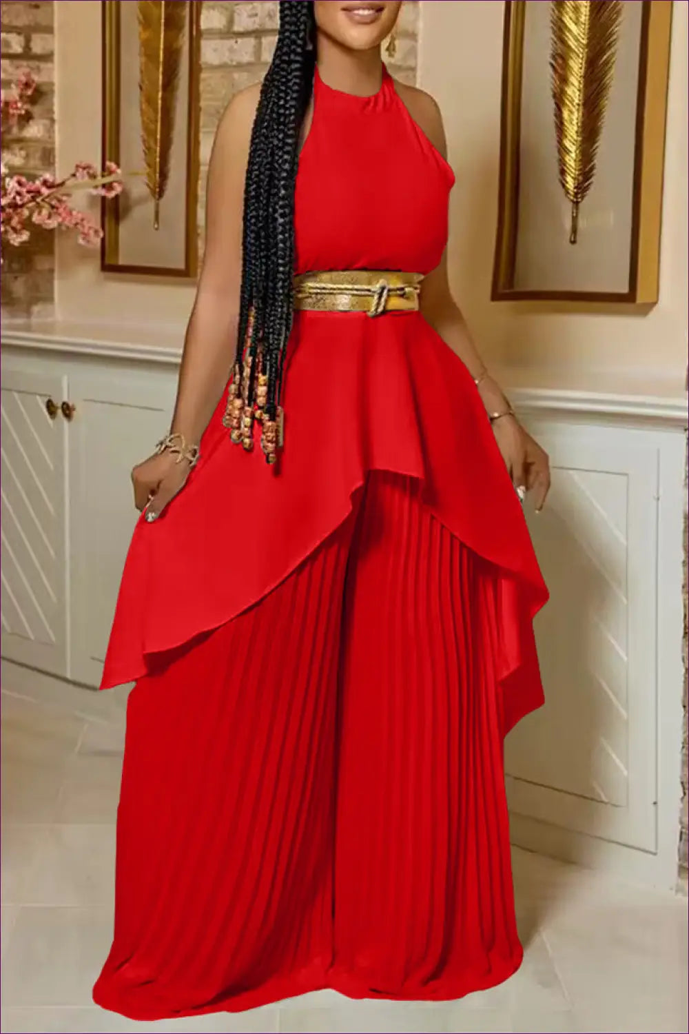 Asymmetric co Ord Set with Pleated Trousers - Effortless Chic Mood - s / Red - Clothing - Lingerie Hut - Casual