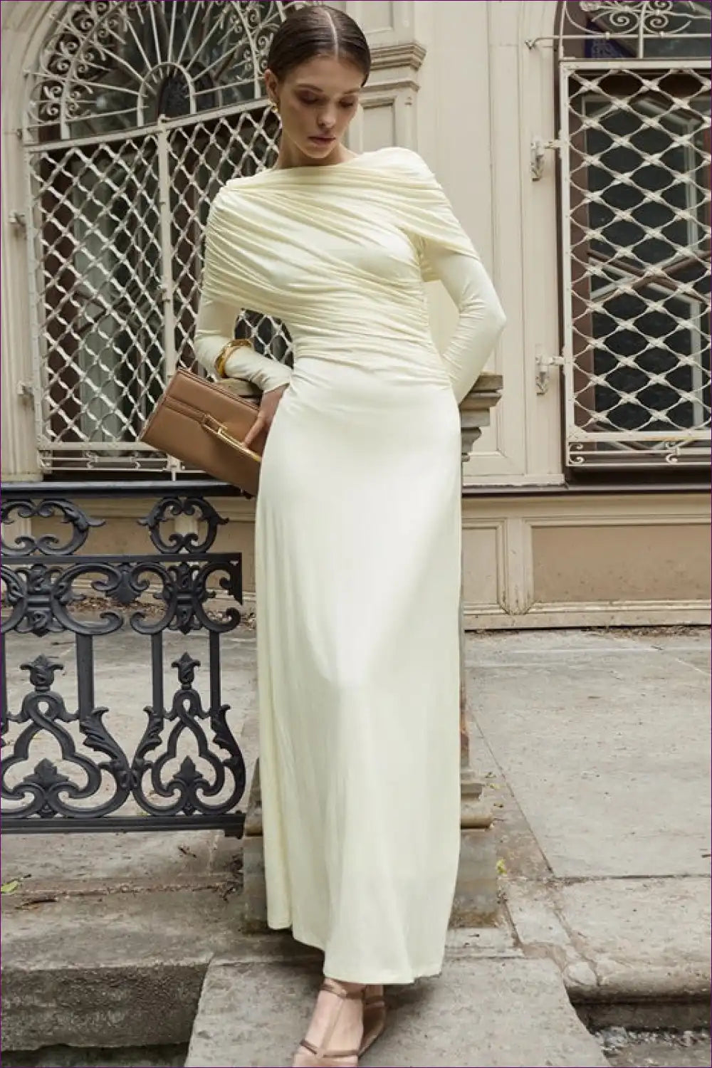 Asymmetric Ruched Maxi Dress with Draped Detail - Modern Elegance for Autumn, Dresses, Evening Wear, Formal