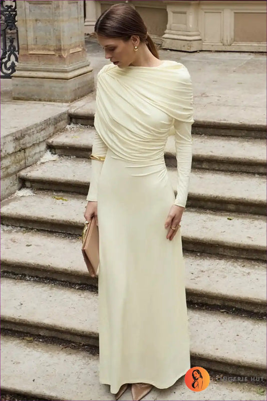 Asymmetric Ruched Maxi Dress with Draped Detail - Modern Elegance for Autumn, Dresses, Evening Wear, Formal