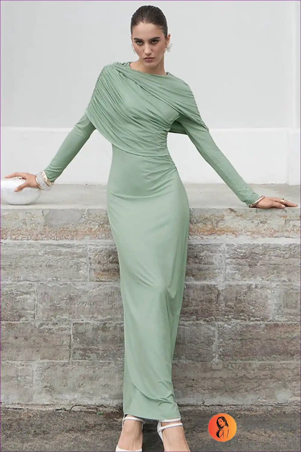 Asymmetric Ruched Maxi Dress with Draped Detail - Modern Elegance for Autumn, Dresses, Evening Wear, Formal