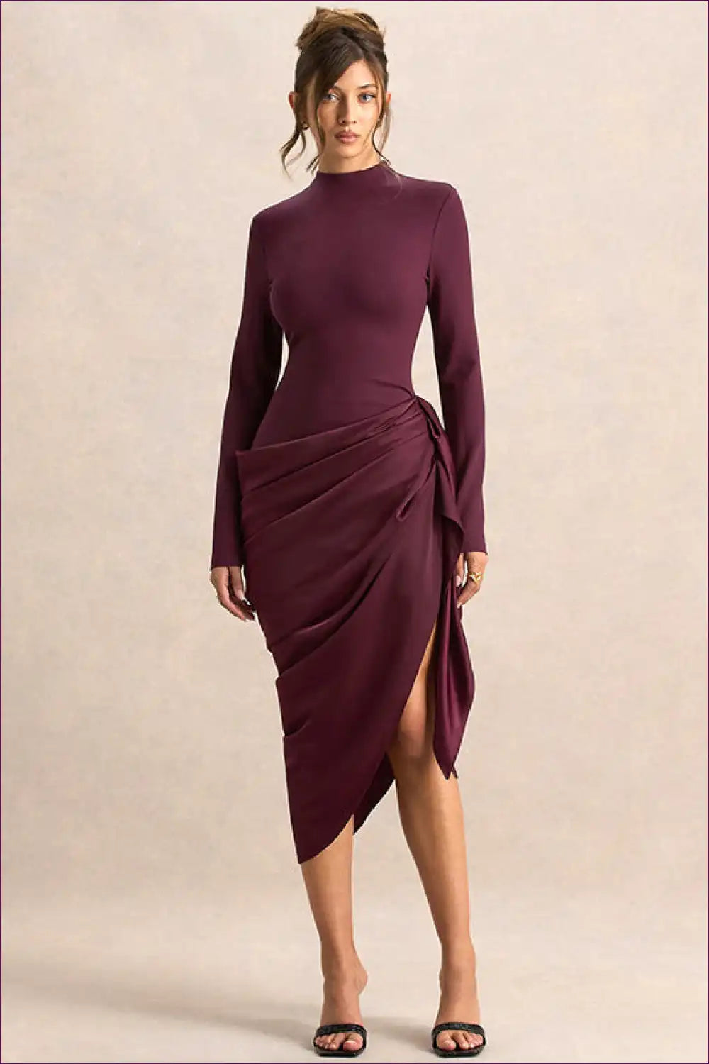 Asymmetric Ruched Midi Dress with Draped Waist Detail for Autumn, Dresses, Evening Wear, Formal