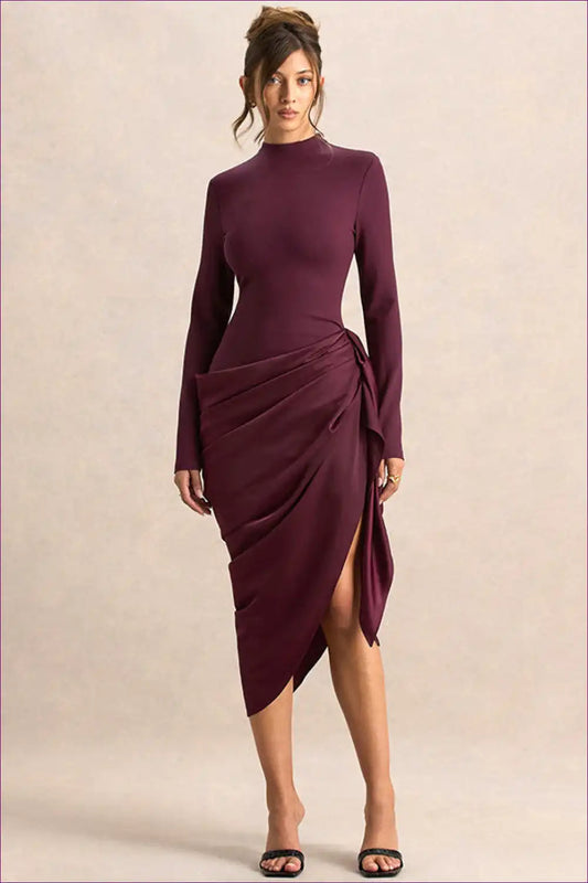 Asymmetric Ruched Midi Dress with Draped Waist Detail for Autumn, Dresses, Evening Wear, Formal