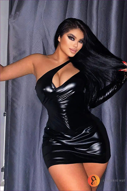 Asymmetric One-shoulder Faux Leather Dress for Party Nights Bodycon, Clubwear, Cutout, Evening Wear,