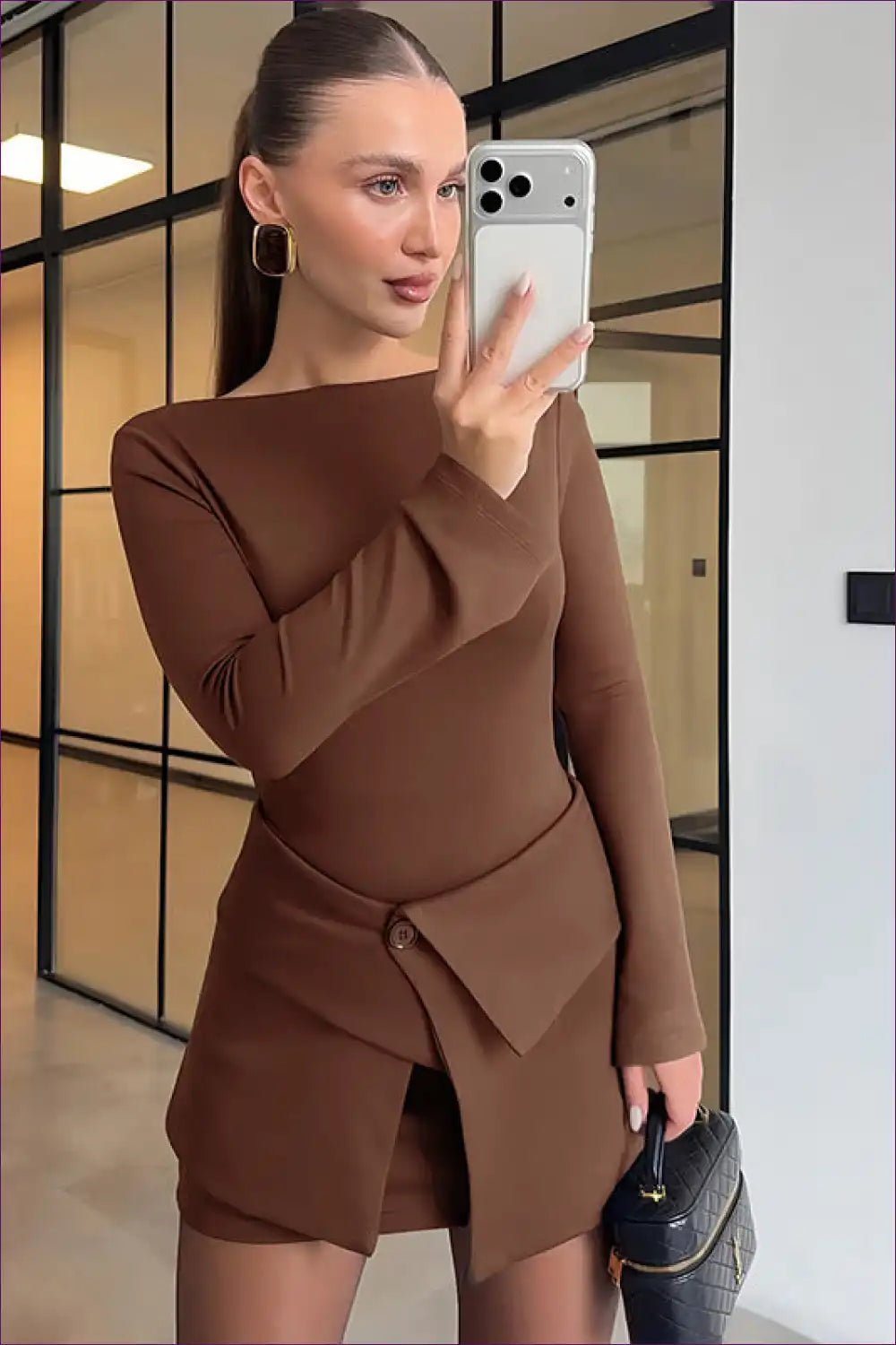 Asymmetric Wrap Dress with Button Detail for Autumn, Bodycon, Casual, Everyday,