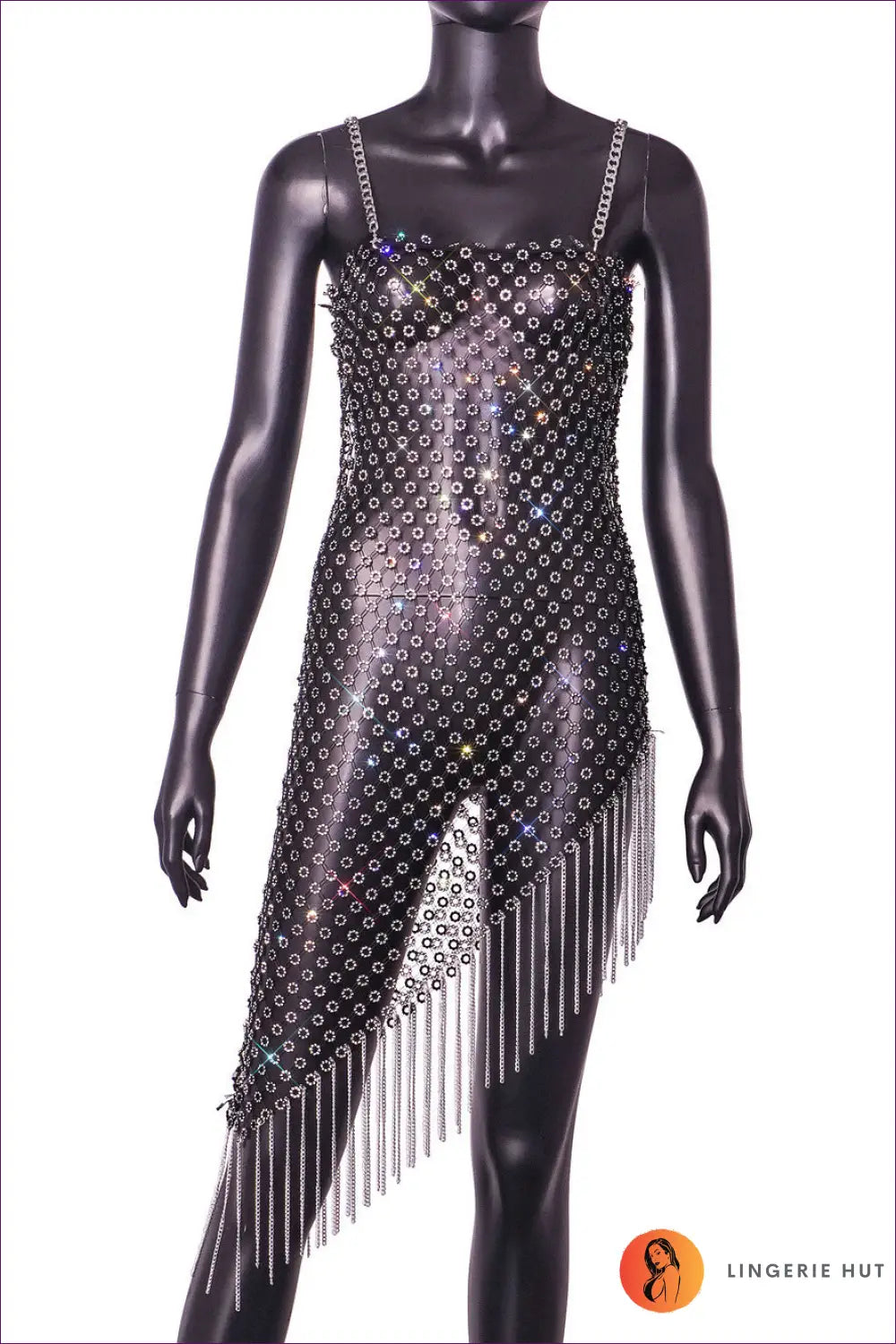 Asymmetrical Rhinestone Tassel Midi Dress - Party Showstopper - Xs / Black - Dresses - Lingerie Hut - Bodycon