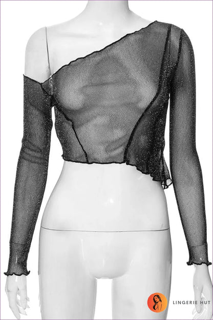 Elevate Your Seasonal Style With Our Autumn Solid Colour Oblique Shoulder Mesh Crop Top. Designed