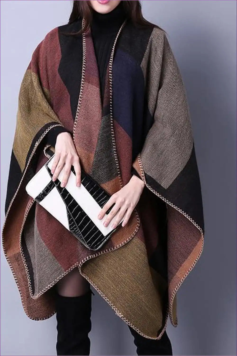 Autumn Mosaic Oversized Poncho - Cozy Chic for the Modern Woman Autumn, Casual, Everyday, Glamour, Jacket