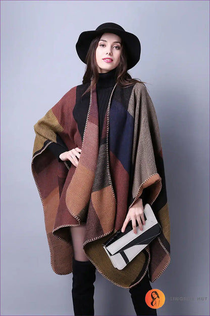 Autumn Mosaic Oversized Poncho - Cozy Chic for the Modern Woman Autumn, Casual, Everyday, Glamour, Jacket