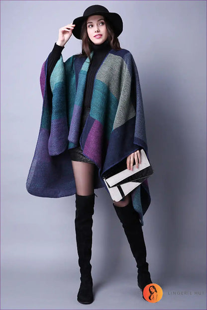 Autumn Mosaic Oversized Poncho - Cozy Chic for the Modern Woman Autumn, Casual, Everyday, Glamour, Jacket