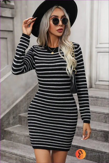 Step Into Daily Luxury With Lingerie Hut’s Autumn Round Neck Sweater Dress. Slim Fit, Striped Pattern,