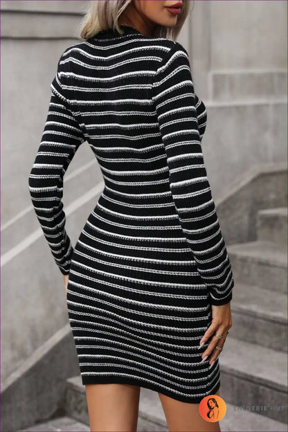 Step Into Daily Luxury With Lingerie Hut’s Autumn Round Neck Sweater Dress. Slim Fit, Striped Pattern,