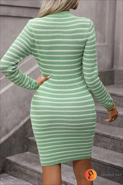 Step Into Daily Luxury With Lingerie Hut’s Autumn Round Neck Sweater Dress. Slim Fit, Striped Pattern,