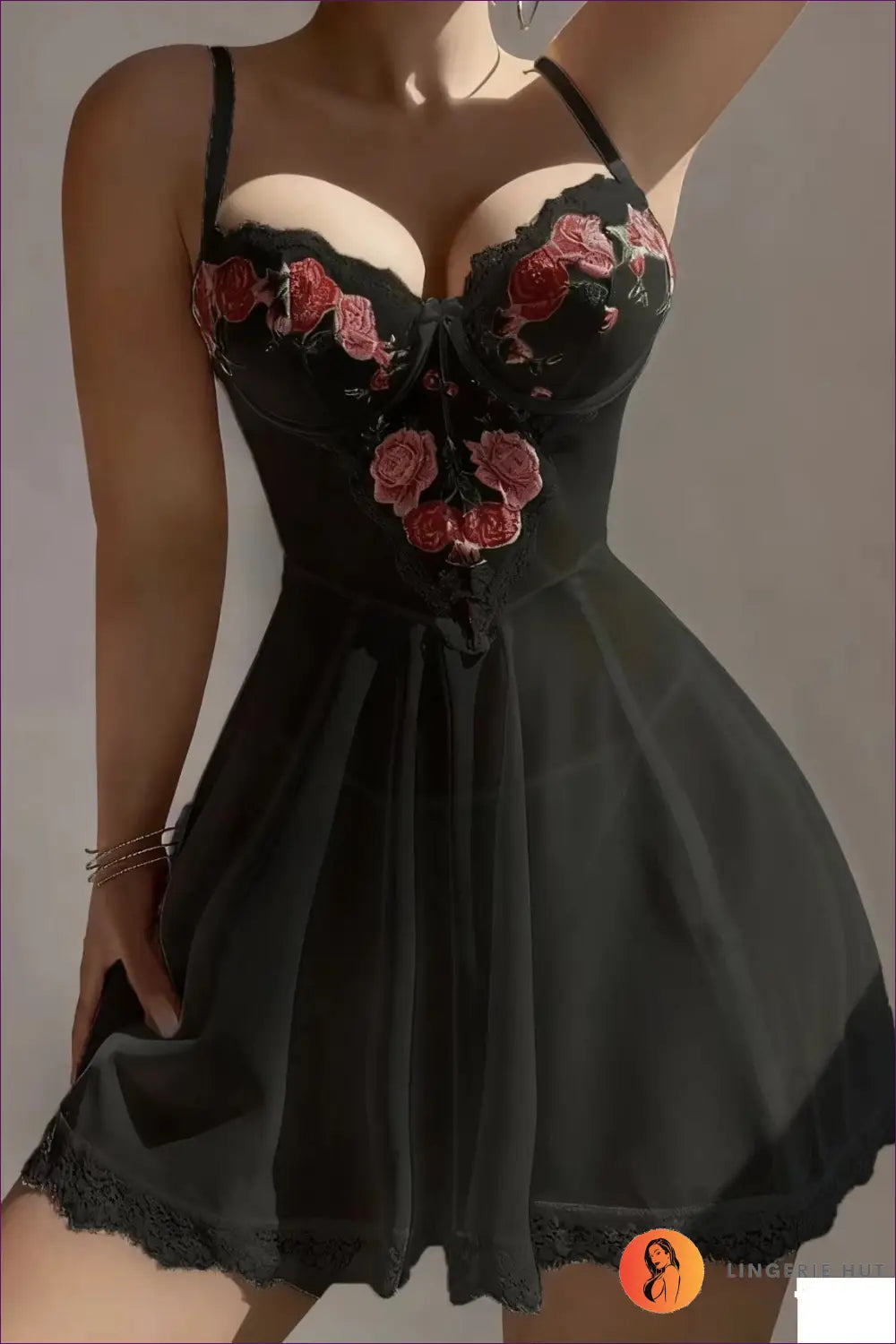 Babydoll with Floral Embroidered Bust - Romantic Bloom - s / Black - Babydolls & Dresses - Boudoir • Date Night