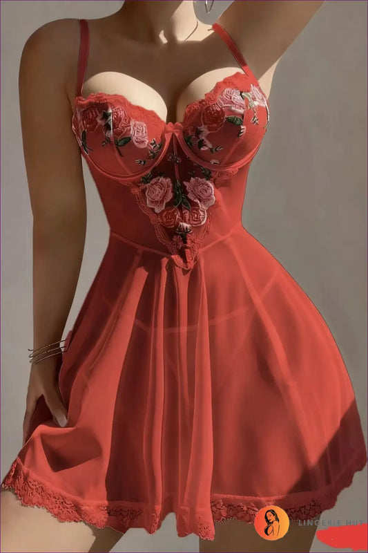 Babydoll with Floral Embroidered Bust - Romantic Bloom - s / Red - Babydolls & Dresses - Boudoir • Date Night • Garter