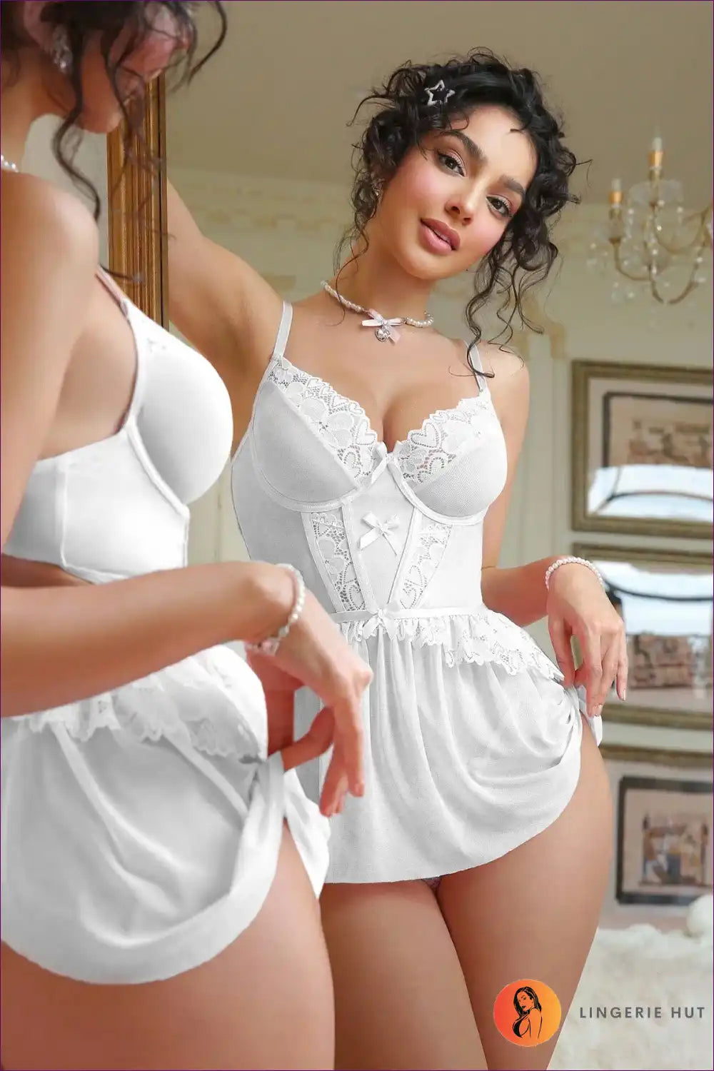 Babydoll Lingerie Set with Lace Trim and Bows - Soft Bedroom Romance for Babydoll, Boudoir, Bridal, Everyday,