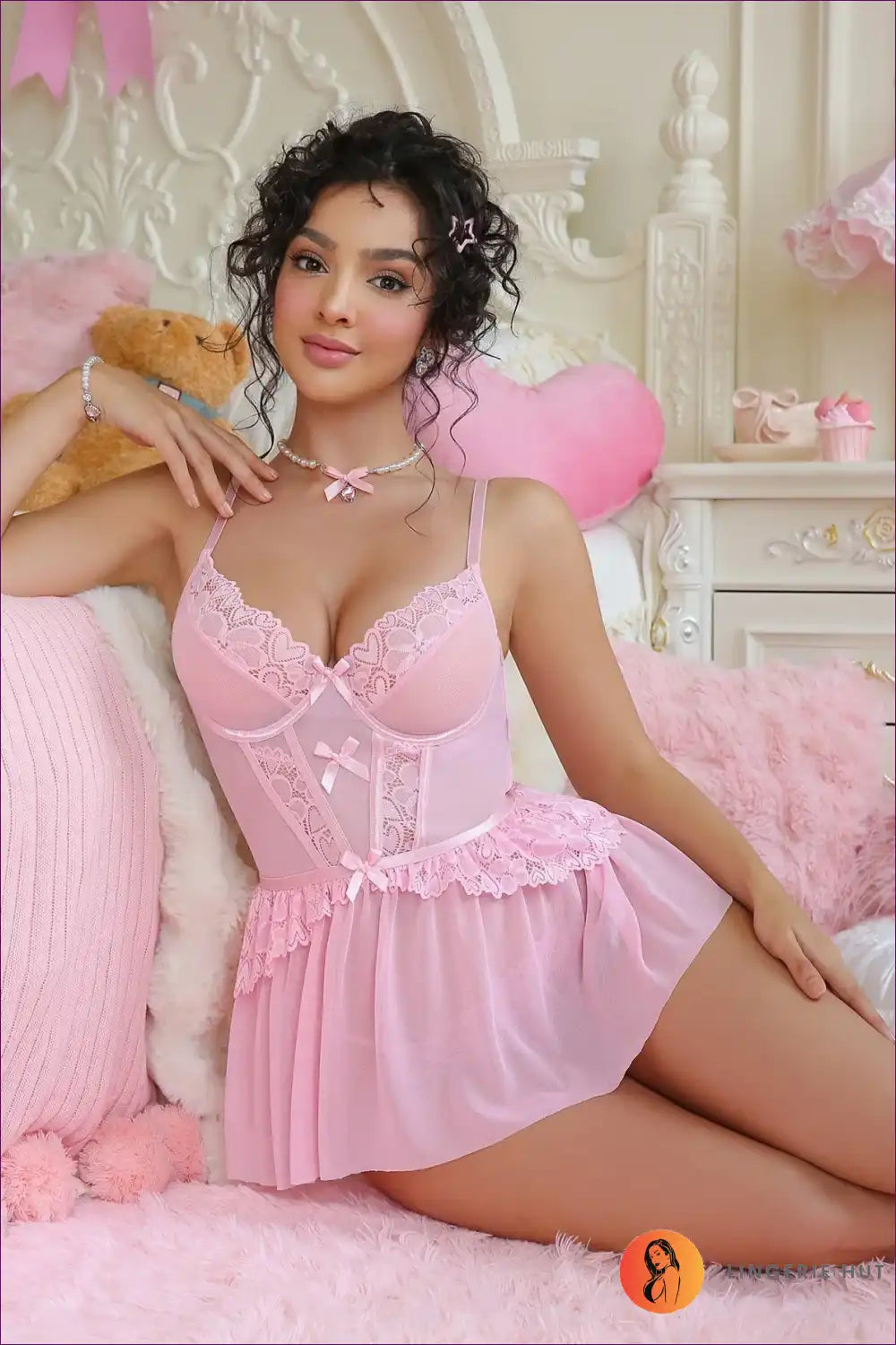 Babydoll Lingerie Set with Lace Trim and Bows - Soft Bedroom Romance for Babydoll, Boudoir, Bridal, Everyday,