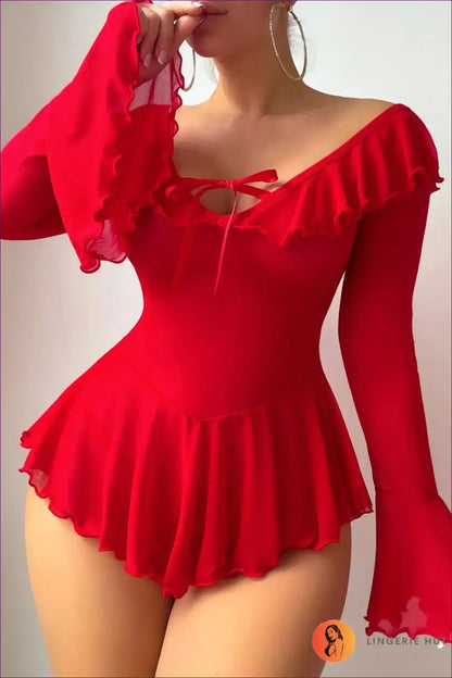 Babydoll with Ruffled Off-shoulder Neckline - Dreamy Self-care Mood for All Season, Babydoll, Boudoir,