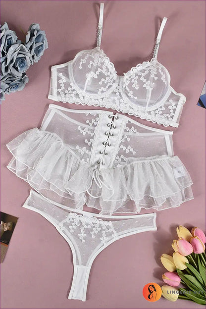 Babydoll Set with Embroidered Mesh and Lace-up Waist - Romantic Escape for Babydoll, Boudoir, Cutout,