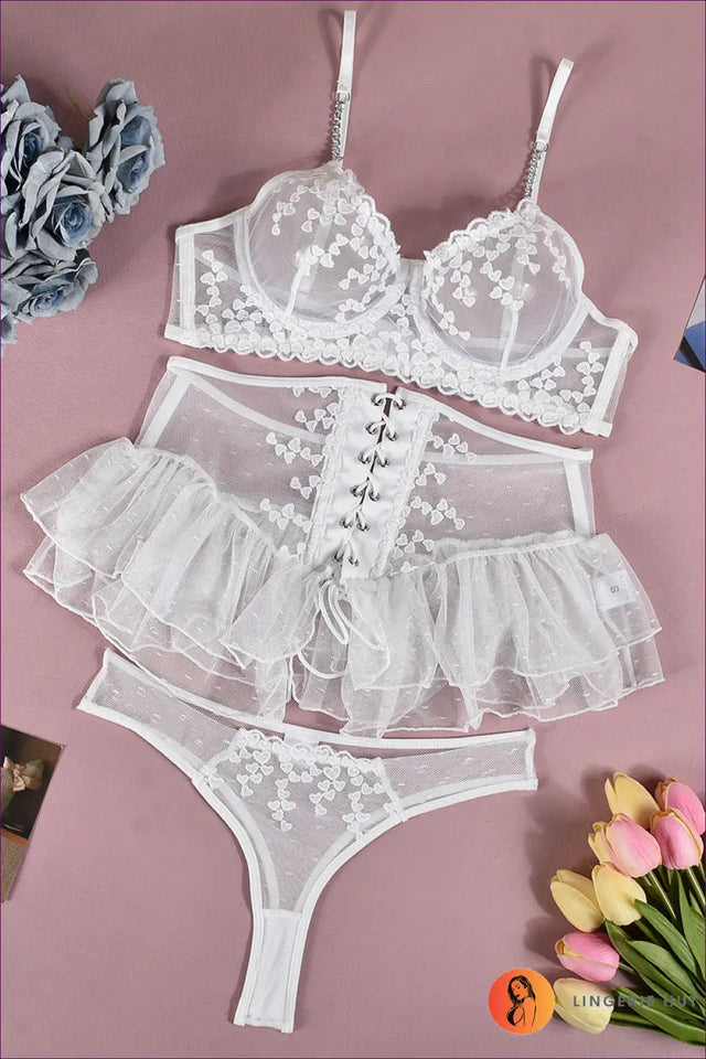 Bra Set with Embroidered Mesh and Lace-Up Waist - Romantic Escape
