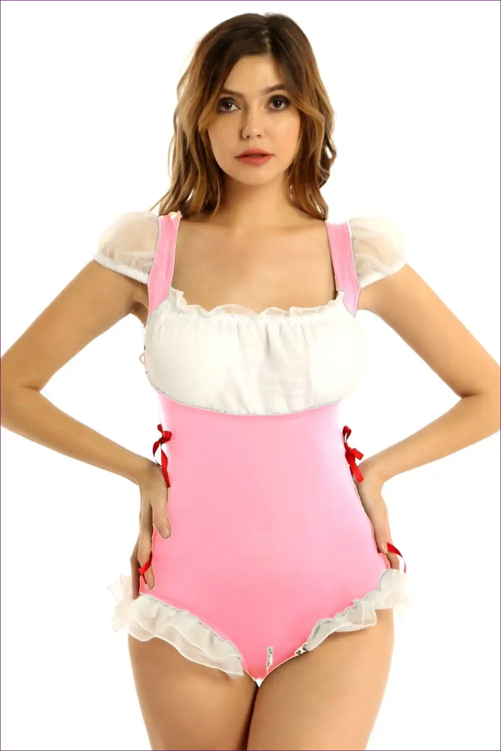 Capture The Spotlight With Our Eye-catching Back Tie Ruffle Maid Uniform. This Sensational Short-sleeve