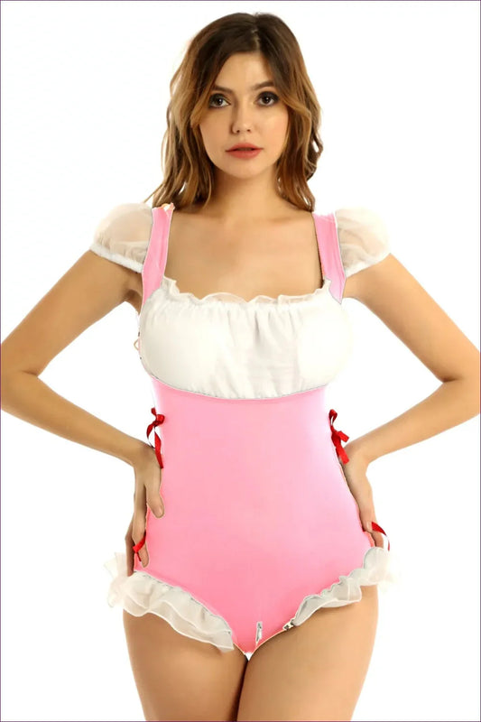 Capture The Spotlight With Our Eye-catching Back Tie Ruffle Maid Uniform. This Sensational Short-sleeve