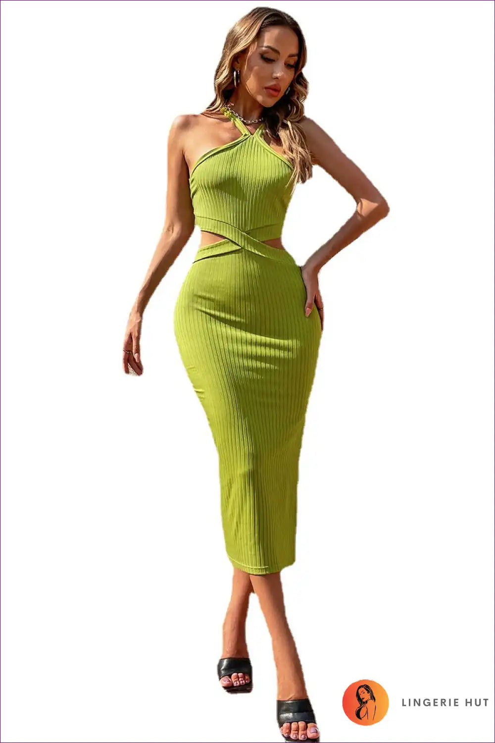 Backless Cut-out Halter Knit Midi Dress - Vacation Statement for Backless, Bodycon, Casual, Cutout, Halter