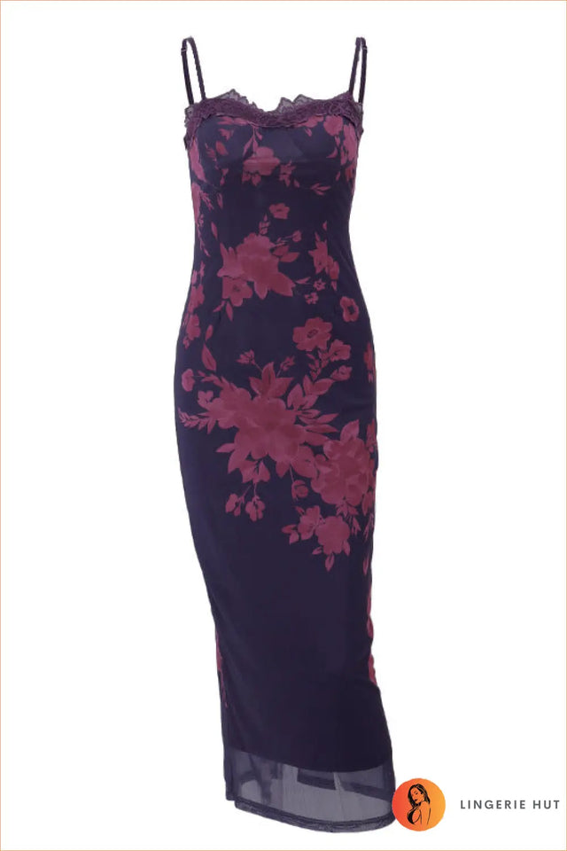 Floral Mesh Maxi Dress with Lace Trim